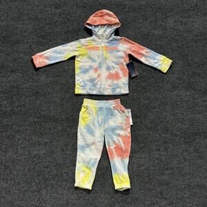 Reebok 2 Piece Hoodie Pants Set Girls 4T Neon Melon Tie Dye Fleece Outfit